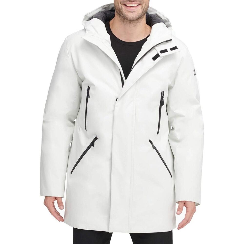 DKNY Men Water Resistant Hooded Parka Winter‎ Coat size L white Ultra Warm NWT